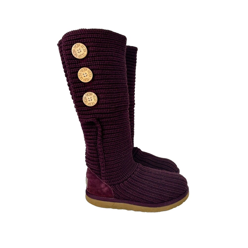 Ugg Classic Cardy Knit Boots Burgundy Convertible Tall or Mid Calf Button Shoe 7